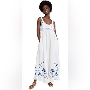 Free People White and Blue Embroidered Midi Dress